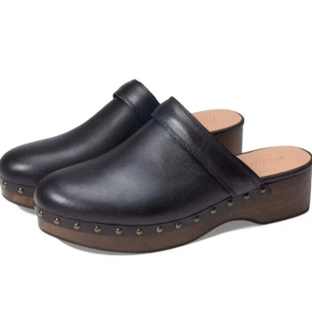 NIB Madewell Clog Black Leather w/ Studs Wooden Sole Size 9.5 Mules Cloudlift